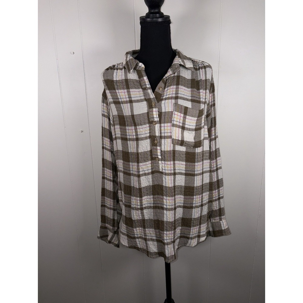 Anthropologie Tunic Top Shirt Medium Isadora Popover Stretch Checkered Gauze‎